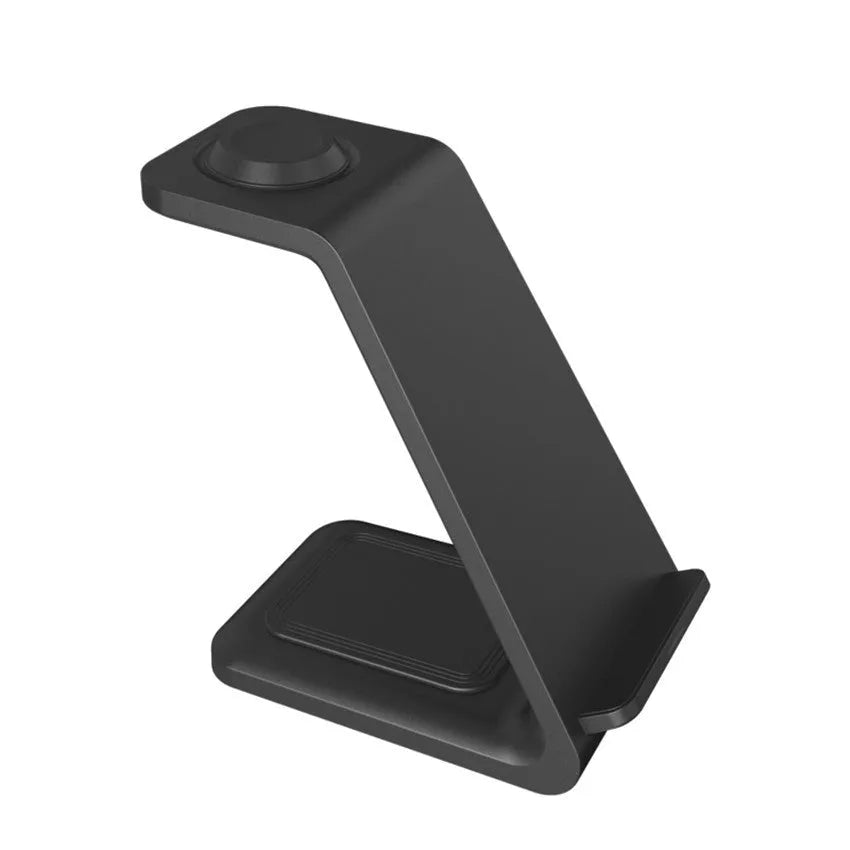 White 3-in-1 upright mobile phone holder and wireless charger with USB port on a desk.