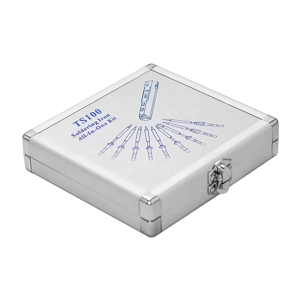 Silver aluminium storage box for soldering iron with dimensions 154mm x 147mm x 36mm.