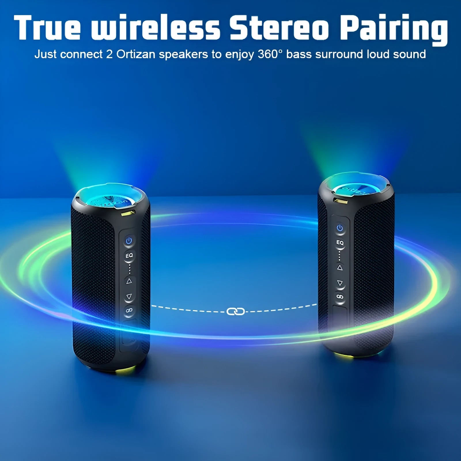 Black and blue fabric wireless Bluetooth speaker with LED lighting and waterproof casing