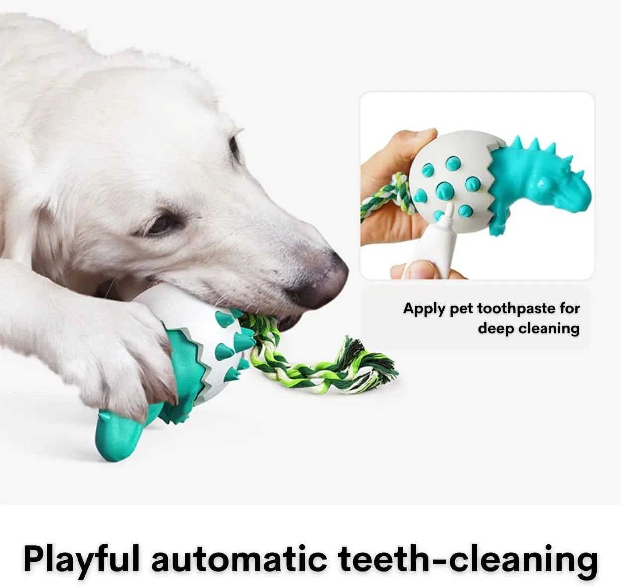 Blue dinosaur-shaped dog chew toy with a rope, showing textured nubs on its surface.