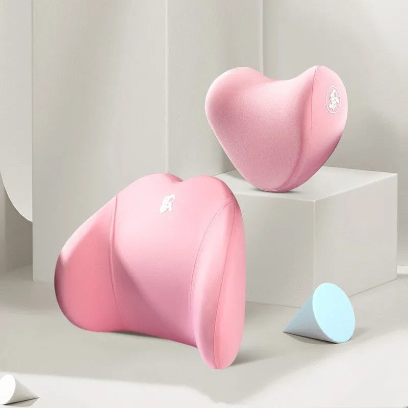 Heart-shaped memory foam car pillow set showing lumbar support and headrest pillow in grey colour with contrasting heart design