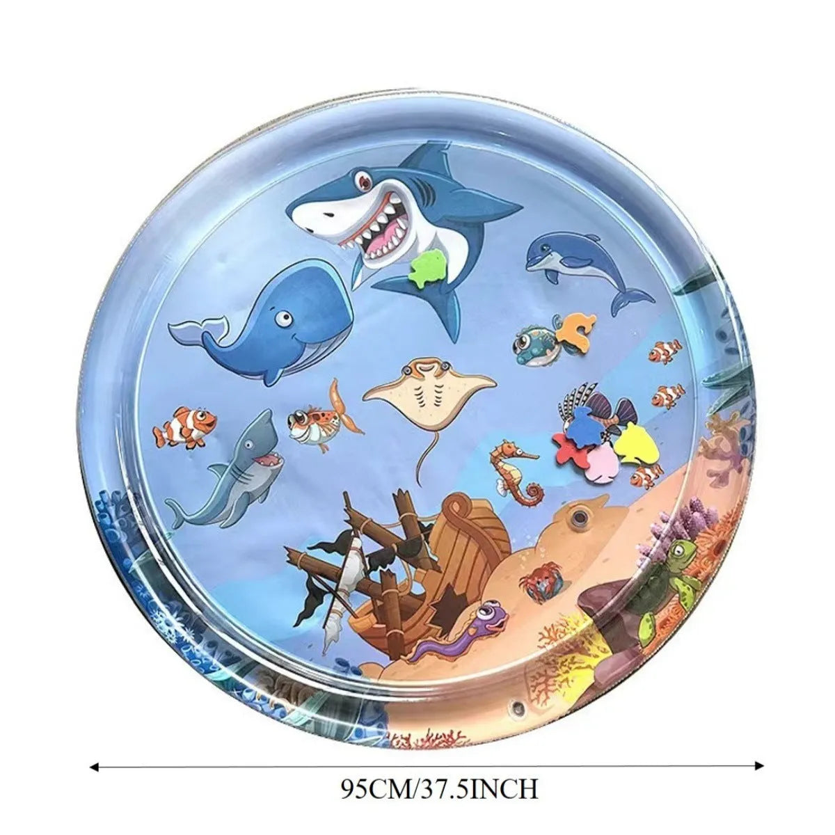 Ocean-themed blue water sensory playmat for cats with floating fish toys inside on a floor