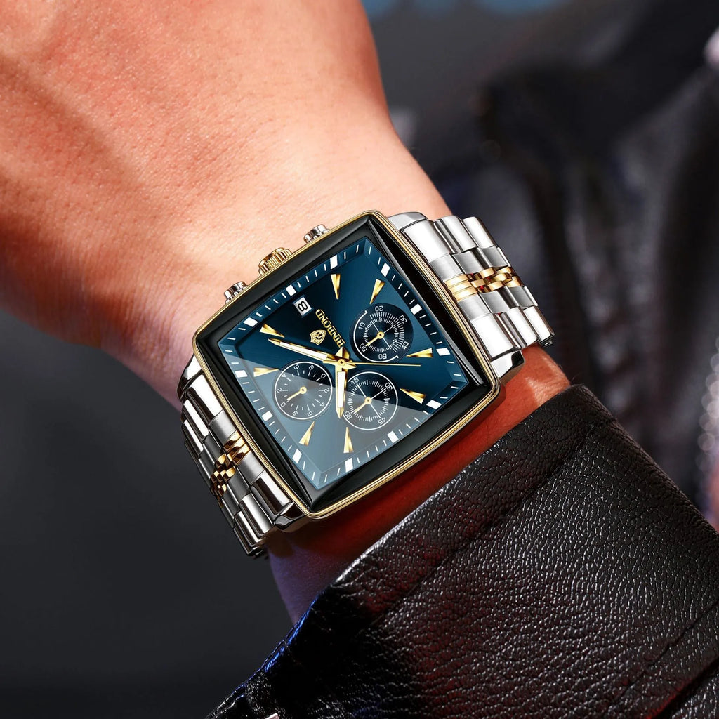 Men's rectangular stainless steel quartz watch with luminous hands and butterfly clasp in business style