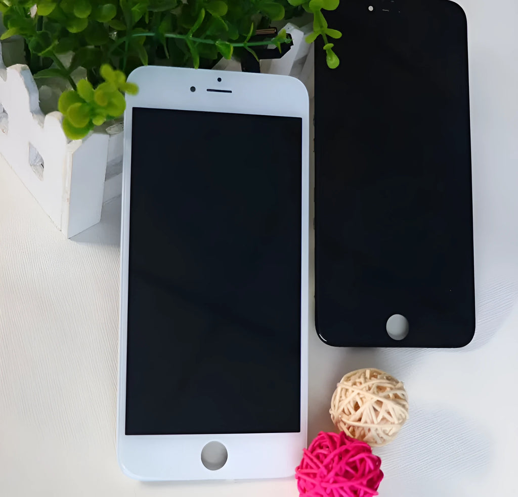 iPhone LCD touch screen replacement panel with disassembly tool and original black and white covers.
