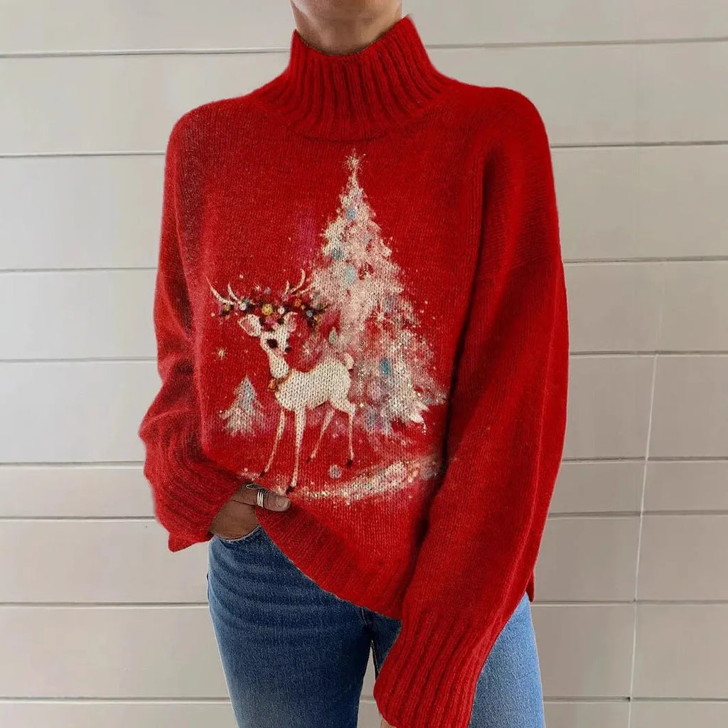 Women's loose-fit Christmas printed turtleneck sweater in a macaron colour