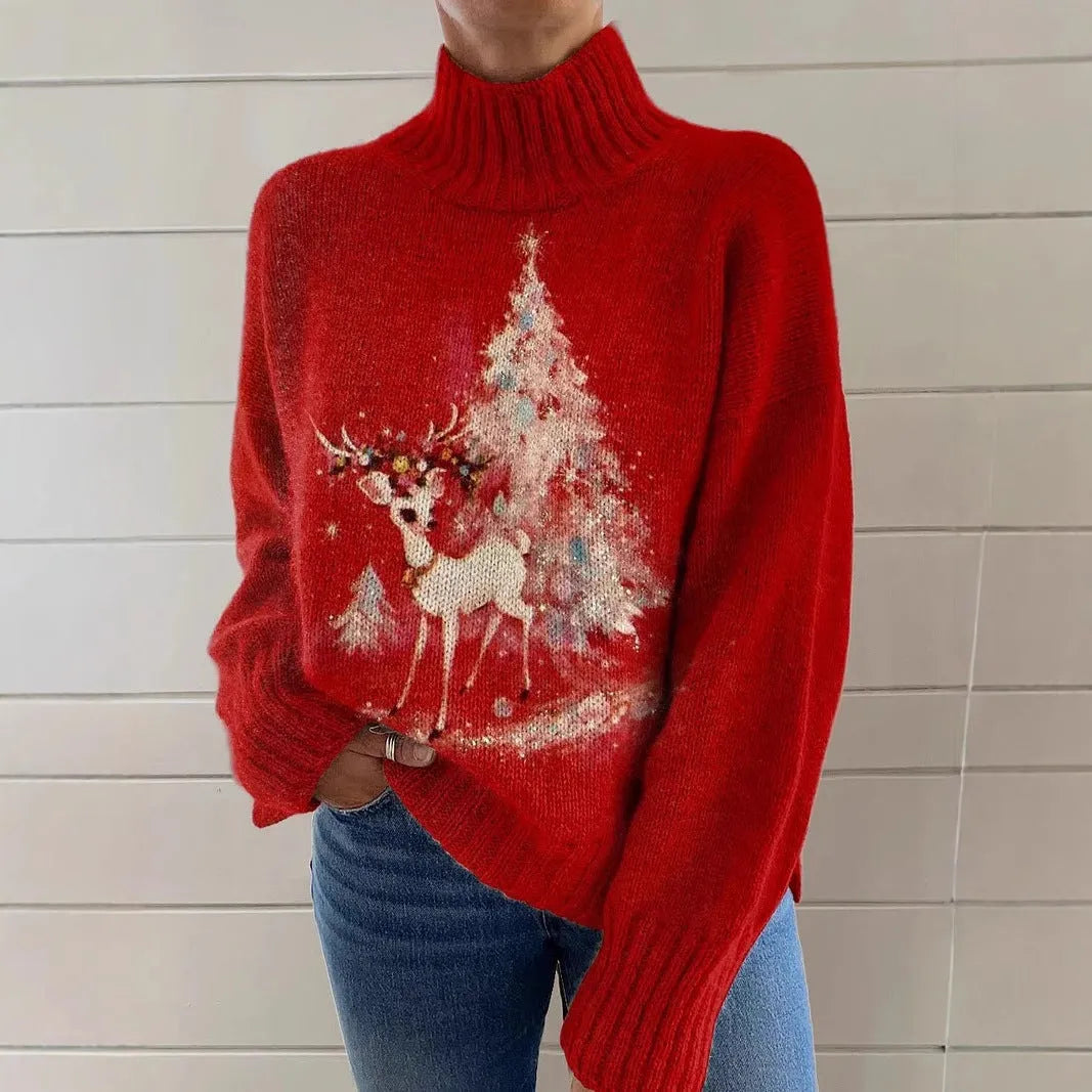 Women's loose-fit Christmas printed turtleneck sweater in a macaron colour