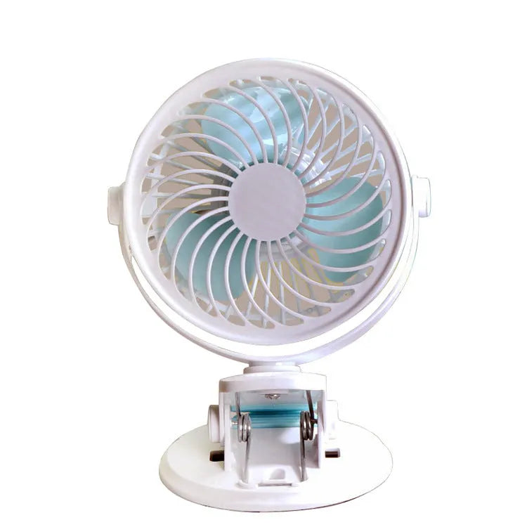 USB-powered compact desk fan showing clip and floor-standing styles with three blades