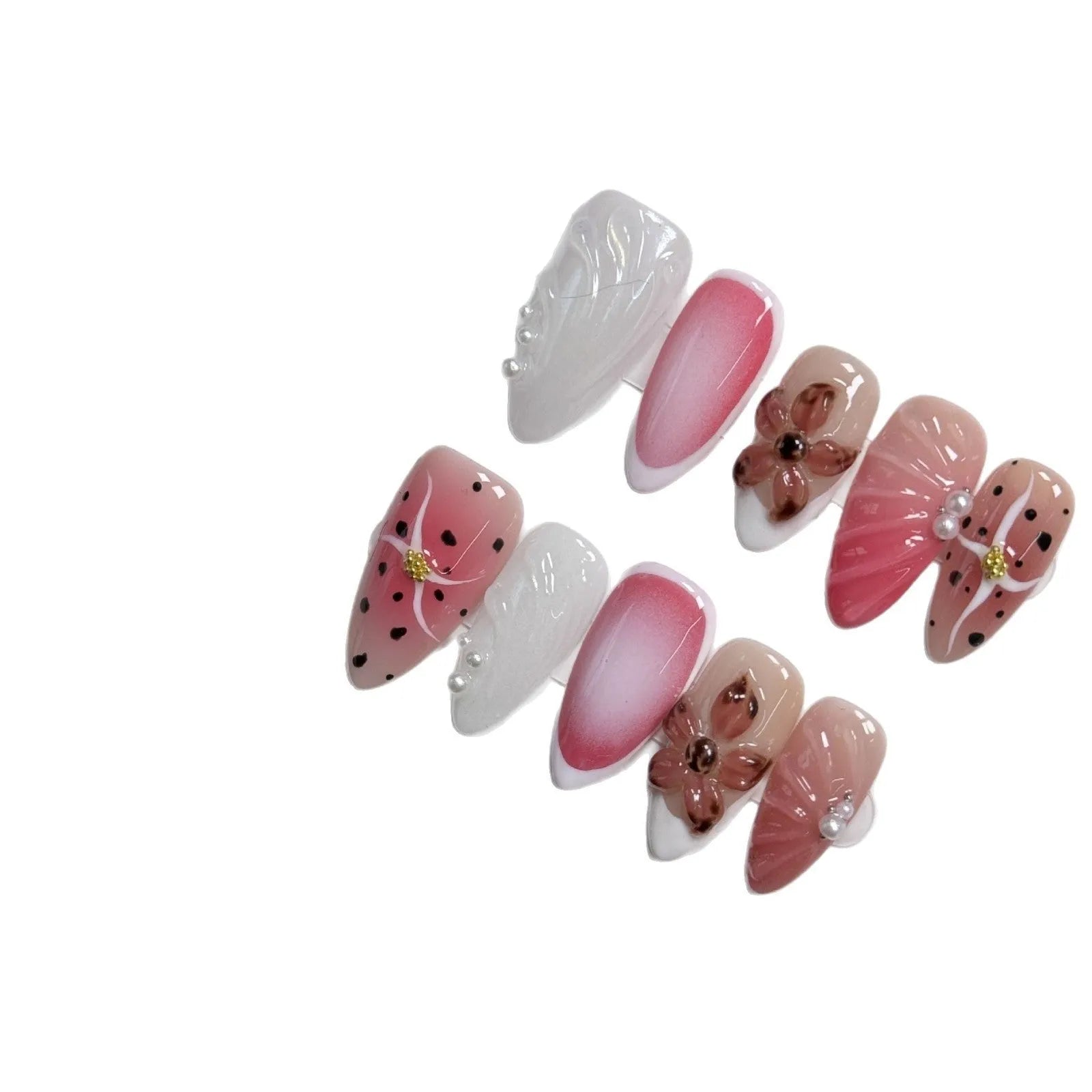 Hand-painted three-dimensional carved nail patches with embossed candy design in multiple colours