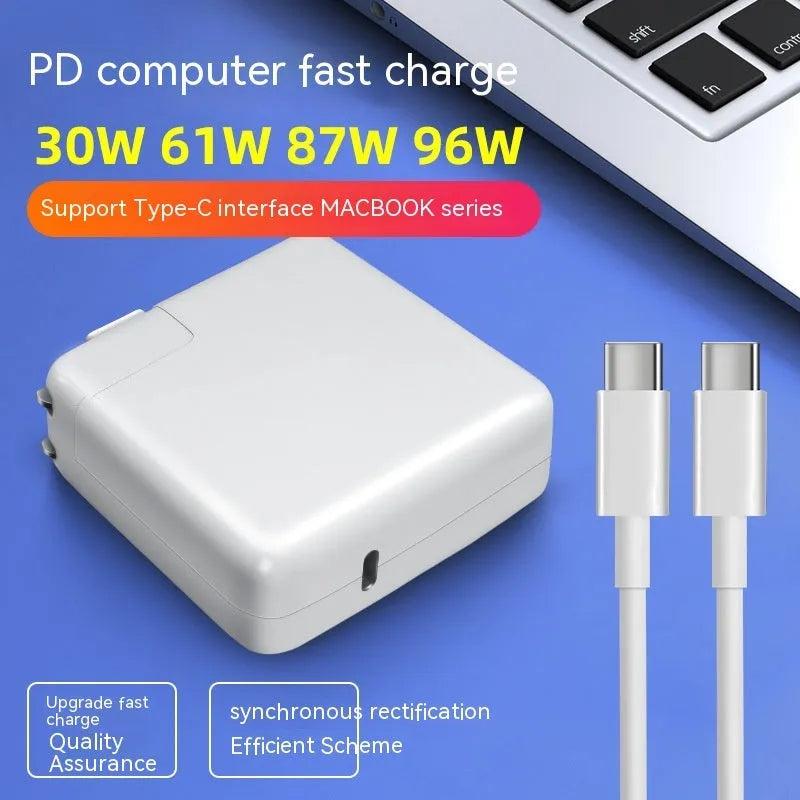 Laptop power adapter with choice of international plugs and a USB-C to USB-C cable.
