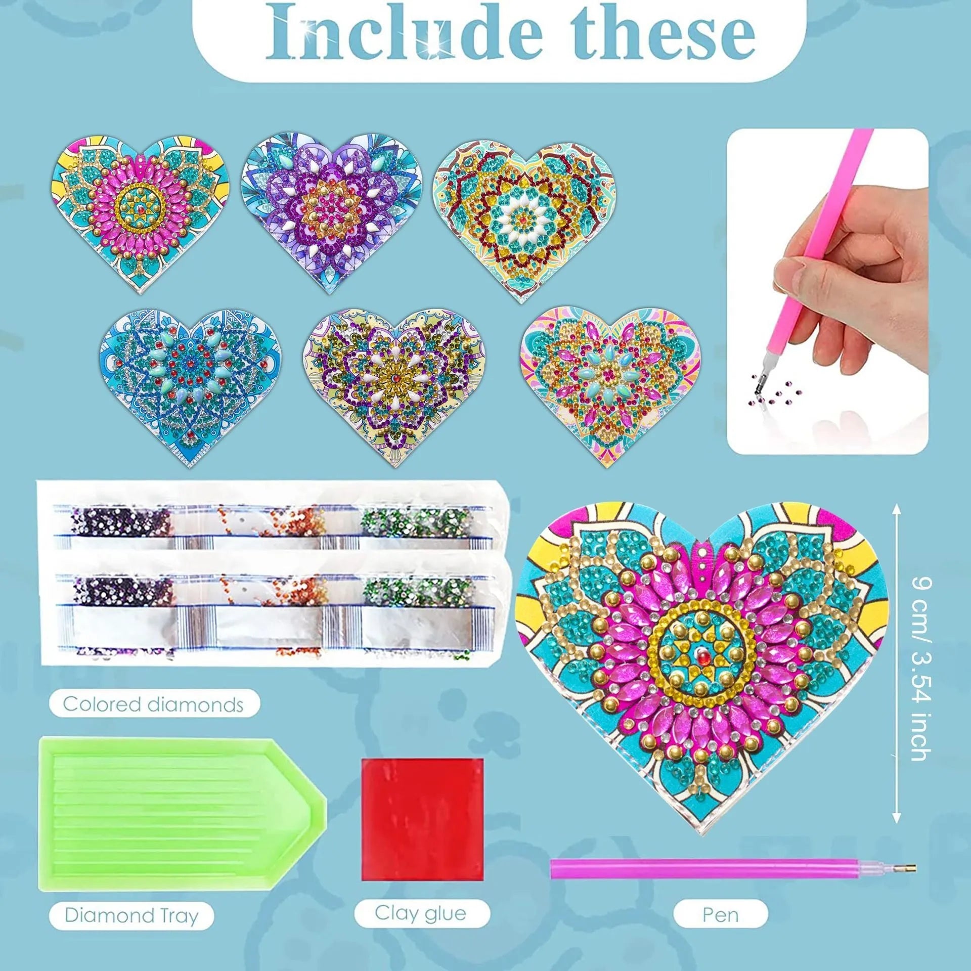 Set of six handmade PU leather cornerite bookmarks with stick-on crystal flower designs.