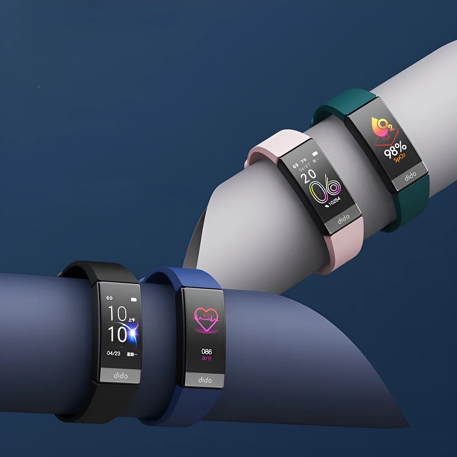 Black smart bracelet on wrist showing blood pressure and heart rate data on its 1.1-inch screen.