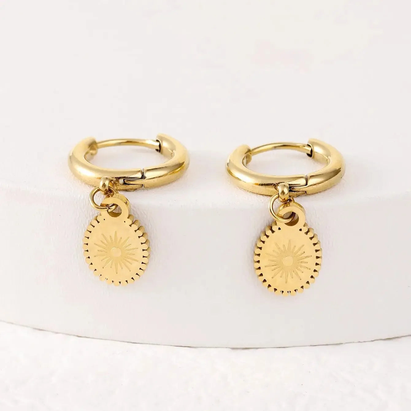 A pair of stainless steel geometric earrings featuring a central ellipse design on a woman's ear.