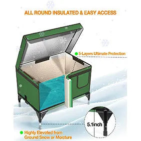 Green foldable cloth cat cage with insulation, shown outdoors.