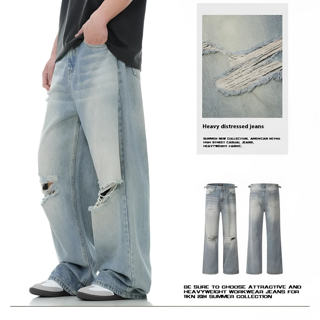 Blue cotton blend straight-leg men's jeans with zipper fly and retro styling