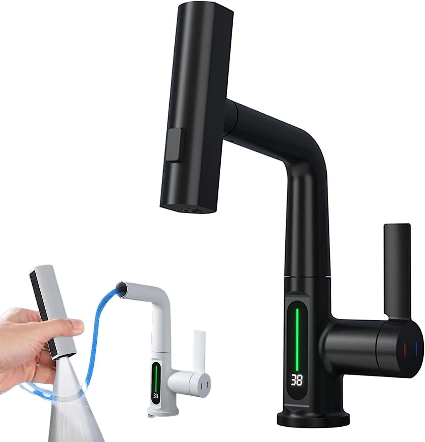 Pull-out kitchen faucet with LED temperature display showing water temperature