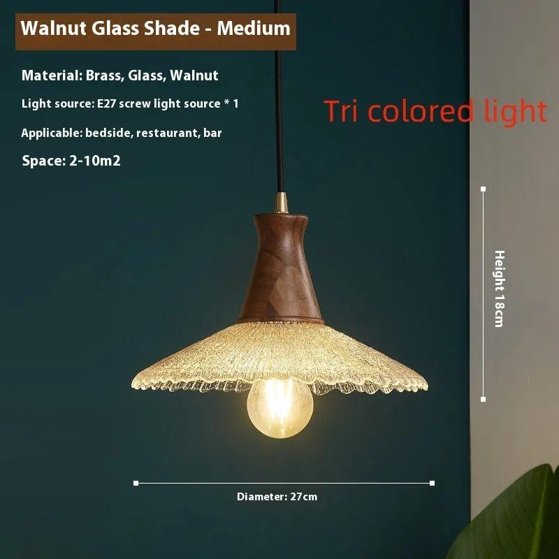 Retro-style wooden body and glass shade brass chandelier ceiling lamp