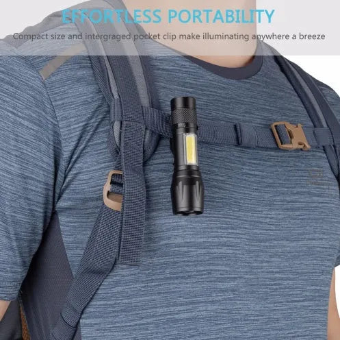 Black aluminium alloy mini telescopic LED flashlight with zoom focus and pocket clip