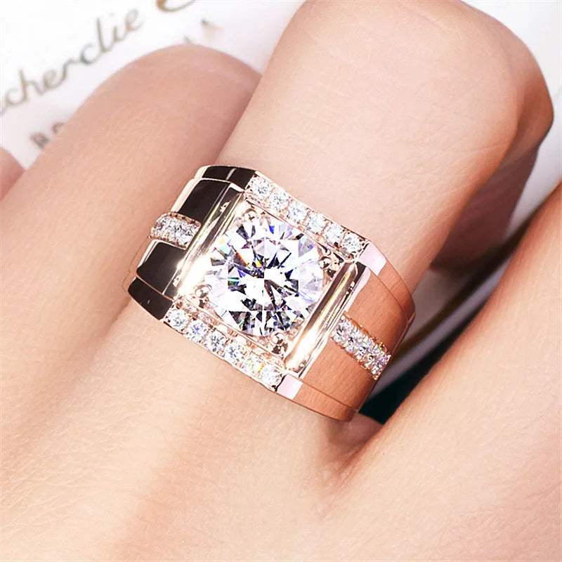 Men's adjustable geometric ring with high carbon zircon stones on a rose gold electroplated band.