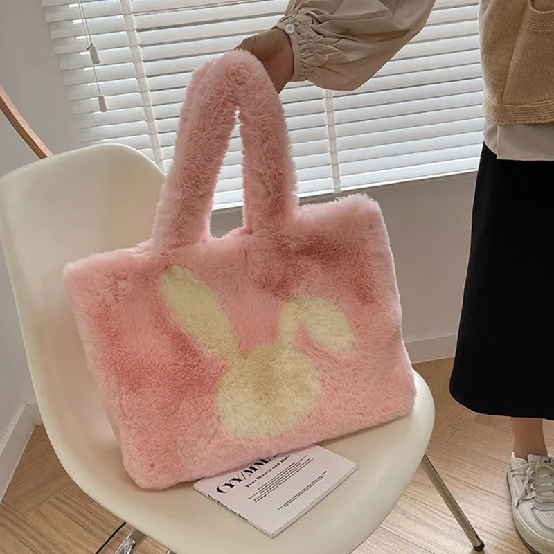 Cartoon rabbit ears plush shoulder tote bag in solid colour with large capacity
