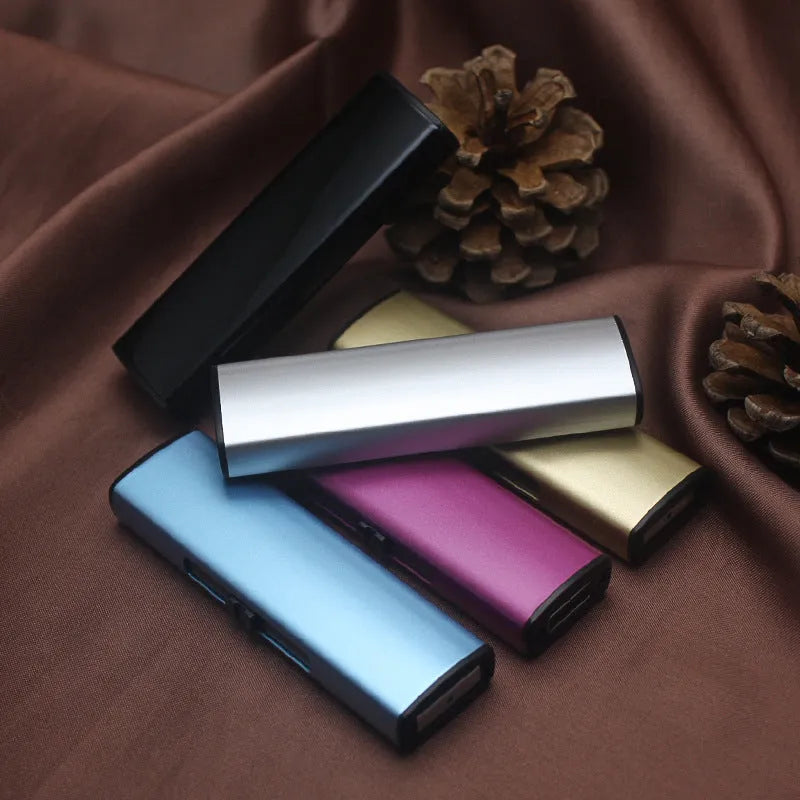 Set of 20 metal windproof rechargeable cigarette lighters in various colours, showing USB charging port.
