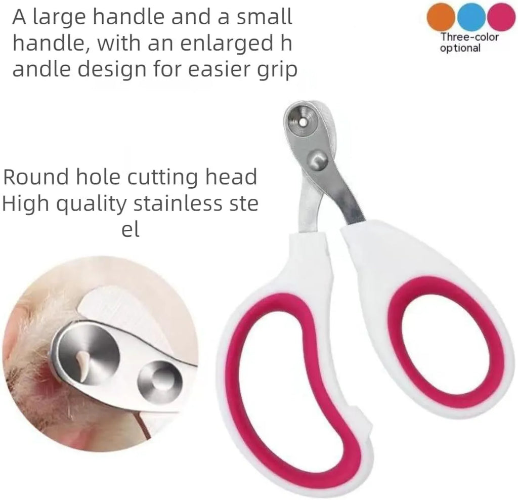 Blue cat nail clippers with a circular cutting hole and cushioned handles on a white surface.