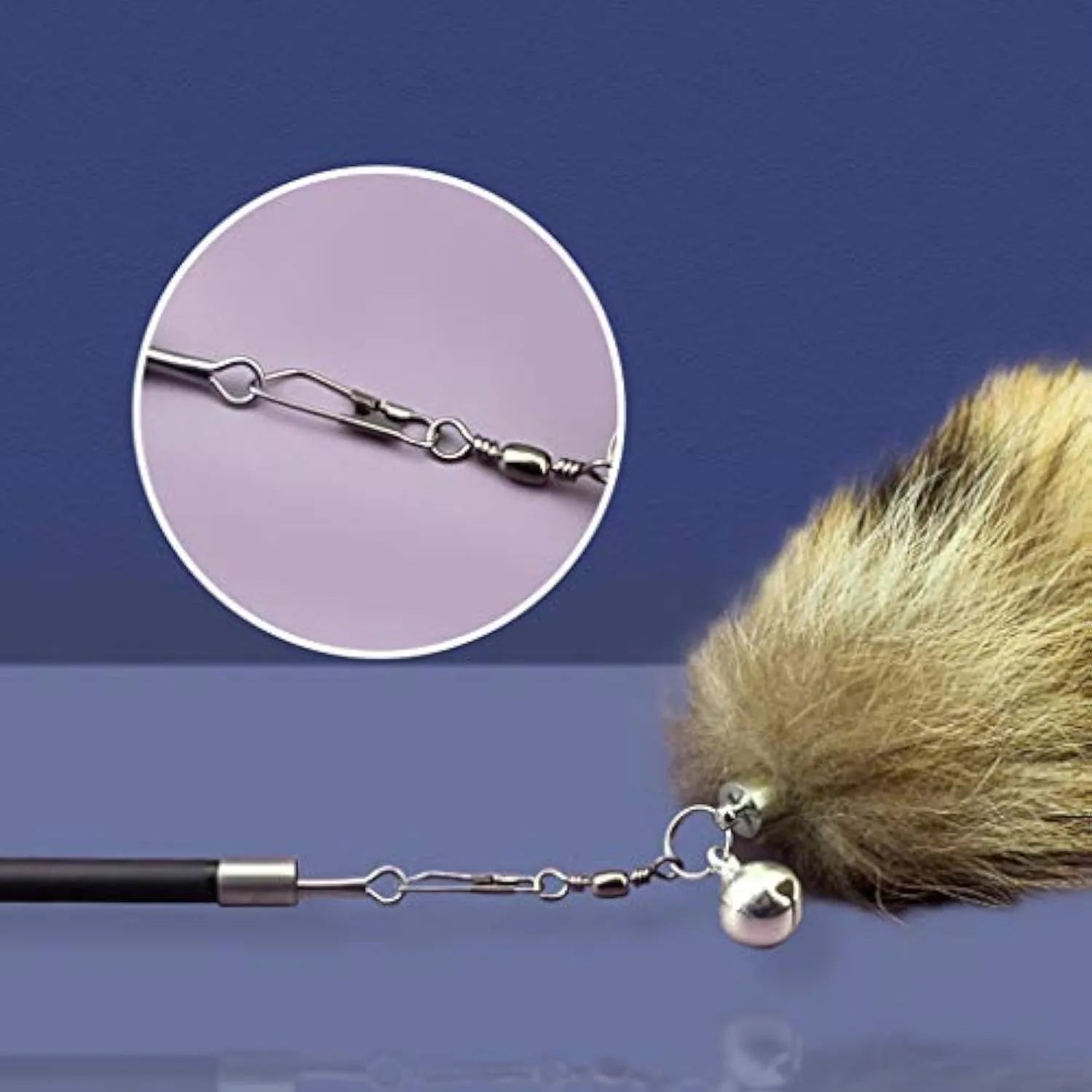 Black cat toy wand with a long elastic string and an attached teaser for interactive play.