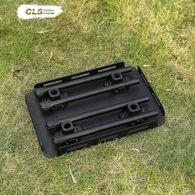CLS aluminium dual-use camping stool shown in table mode with PU mat cushion, beside its storage bag.