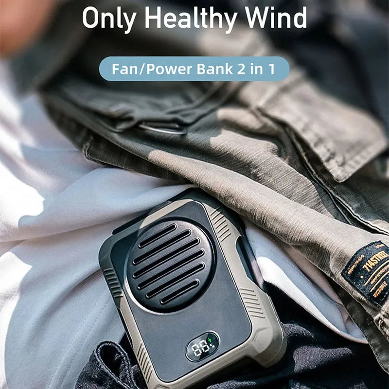 Green leafless waist hanging fan with USB charging port and neck strap