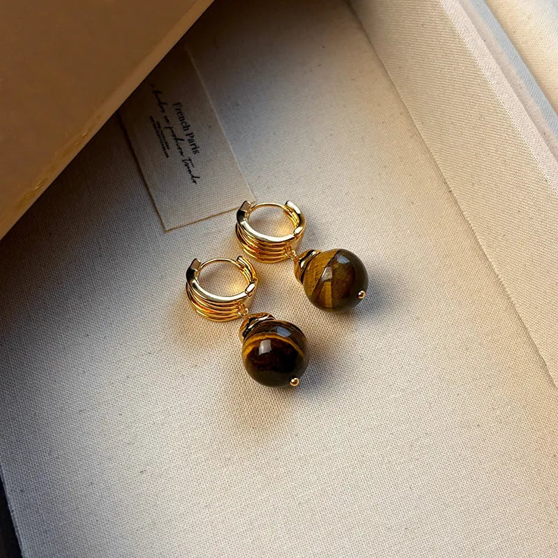 Geometric tigereye stone hoop earrings with real gold plating in French retro style