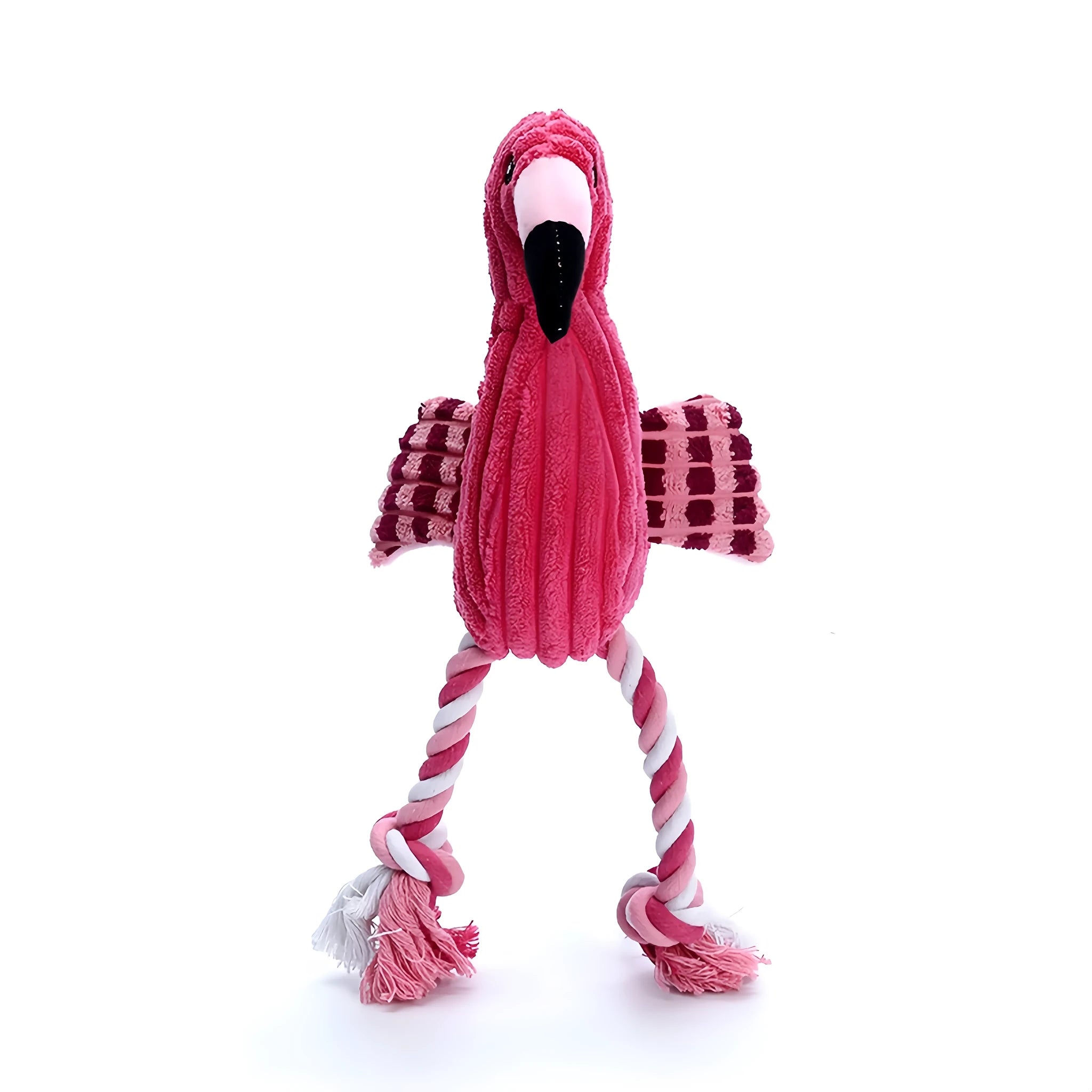 Pink animal-shaped corduroy plush dog squeaky toy for chewing play.