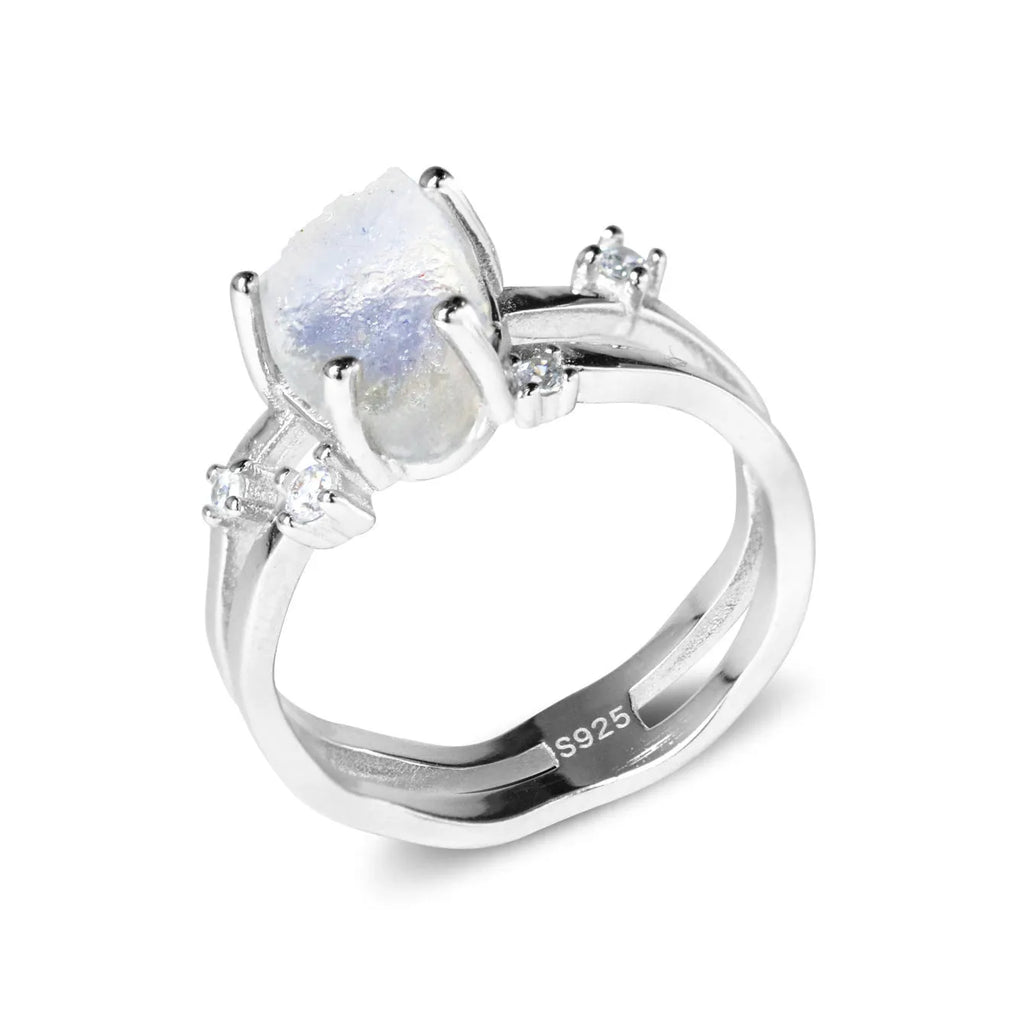 S925 sterling silver irregular triangle ring with moonstone in rose, white, or yellow gold tone.