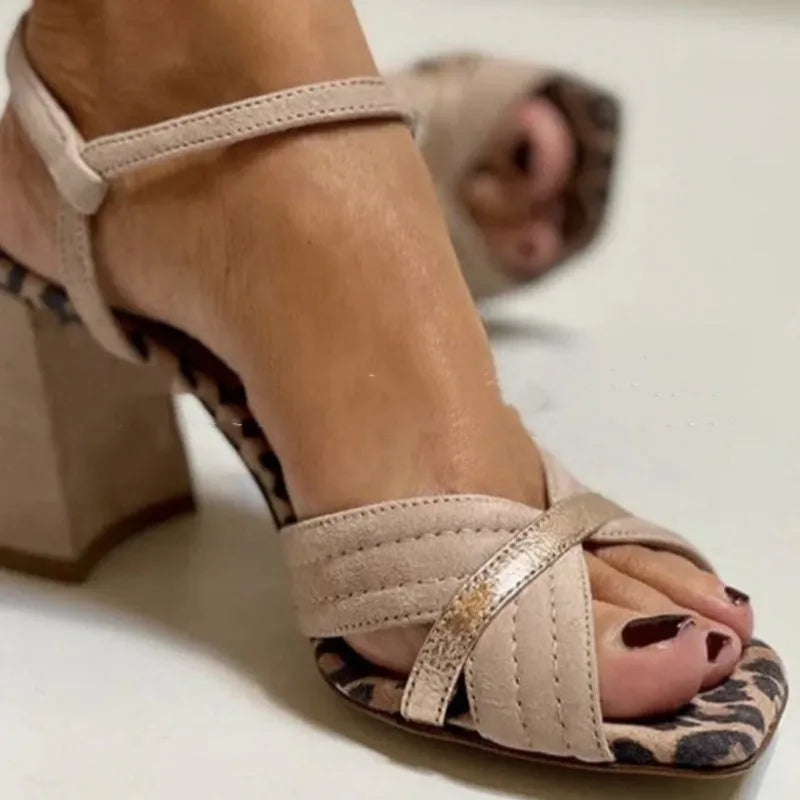 Plus size women's sandals in apricot suede with chunky heel, square toe, and buckle closure