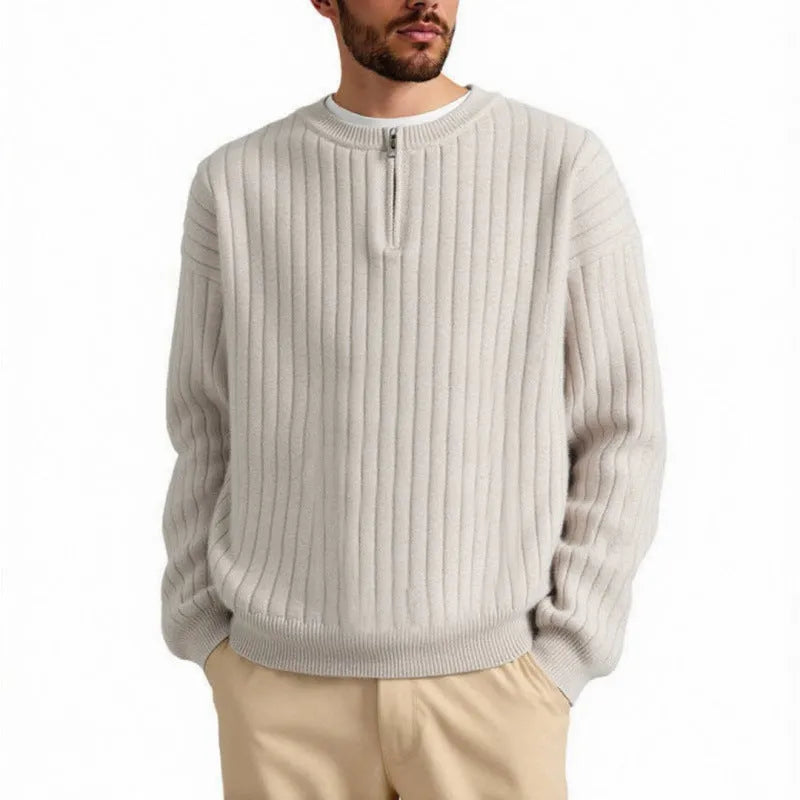 Men's half zip loose pullover sweater in textured knit polyester, shown in grey colour