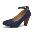 Blue denim women's platform high heel shoes with ankle buckle strap on rubber sole