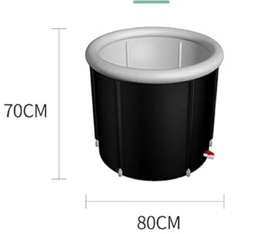 Black portable PVC ice bath with all-weather lid and included air pump accessories