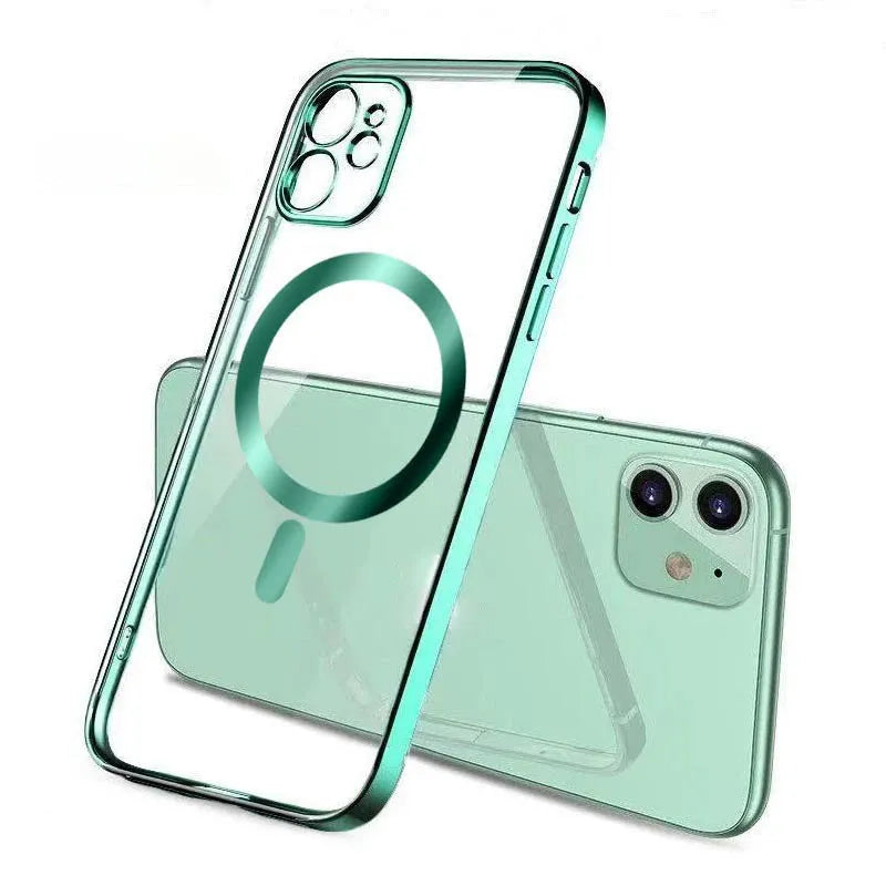 Electroplated silicone and TPU magnetic back cover for iPhone in solid colours.