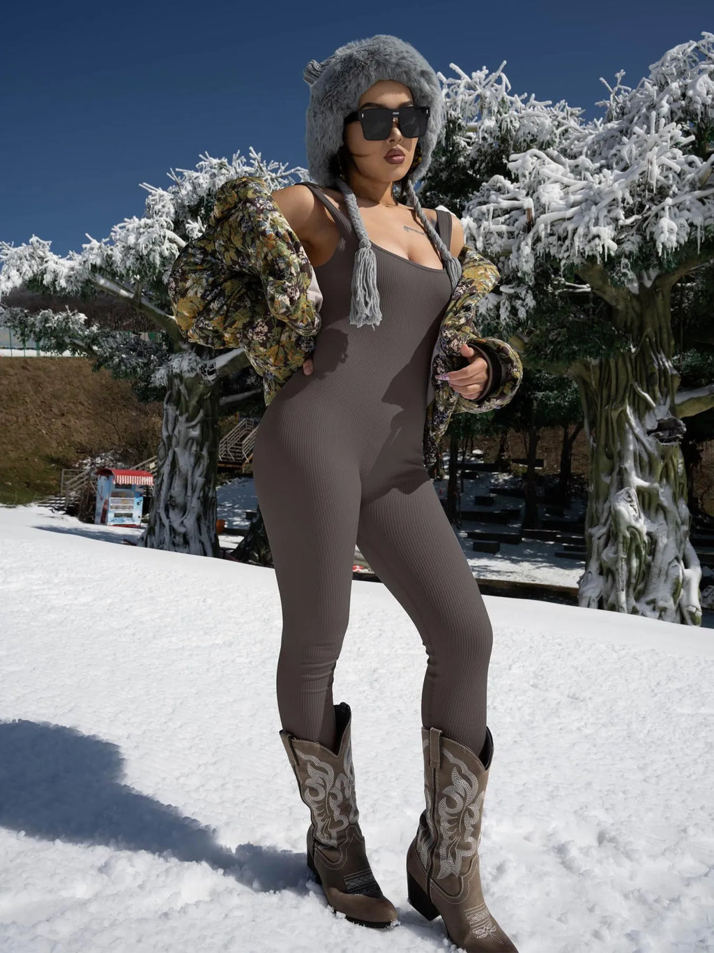 Women's beige suspender tank top tights with long sleeves and adjustable button straps on waist.