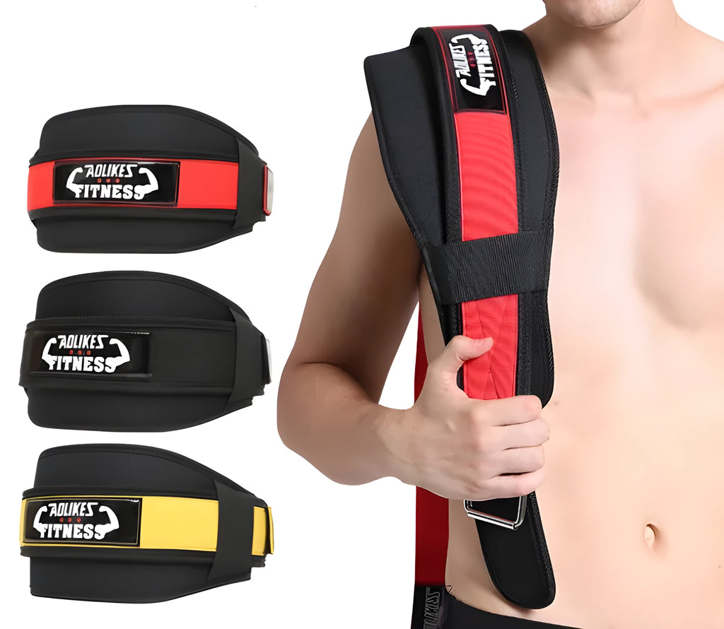 Nylon fitness weightlifting waistband in black, red or yellow colours available in L, M and XL sizes