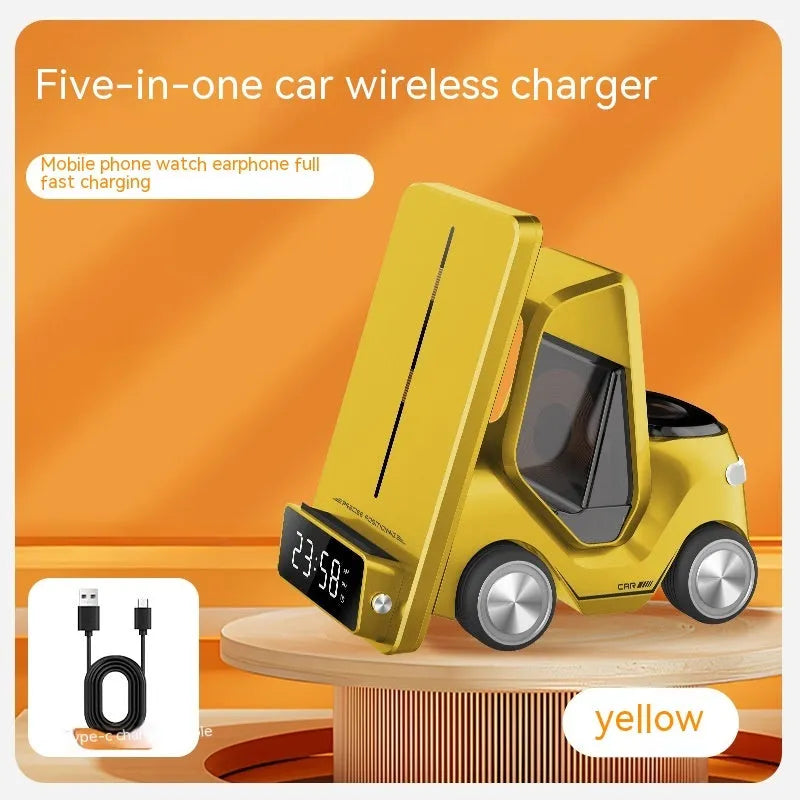 Grey three-in-one wireless charging stand holding a phone, earphones and a smart watch.