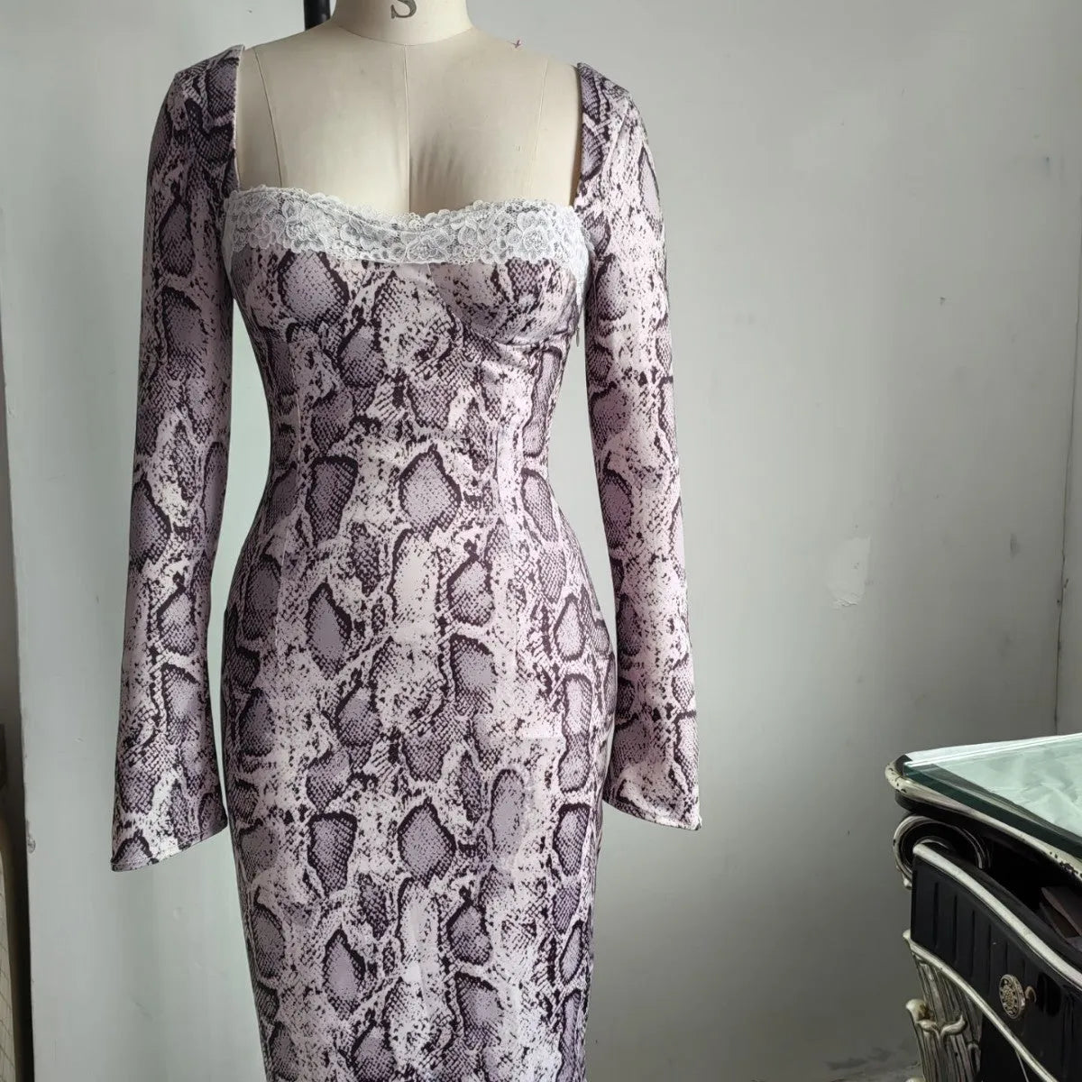 Grey women's slim fit lace dress with digital 3D print pattern and A-line skirt