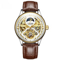 Men's gold leather automatic mechanical watch with waterproof case on wrist.