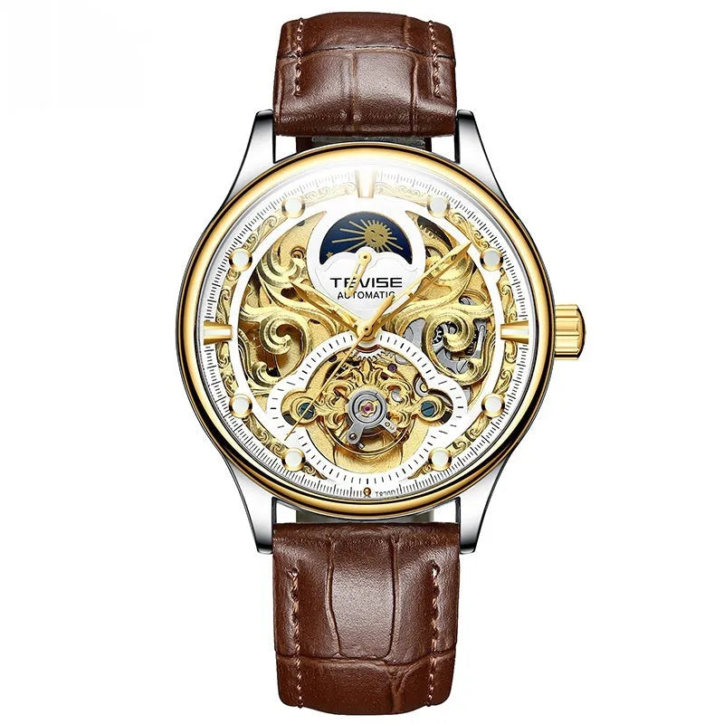 Men's gold leather automatic mechanical watch with waterproof case on wrist.