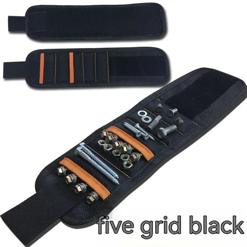 Black magnetic wristband tool organiser with 15 grid pockets and a Velcro strap, shown holding screws.