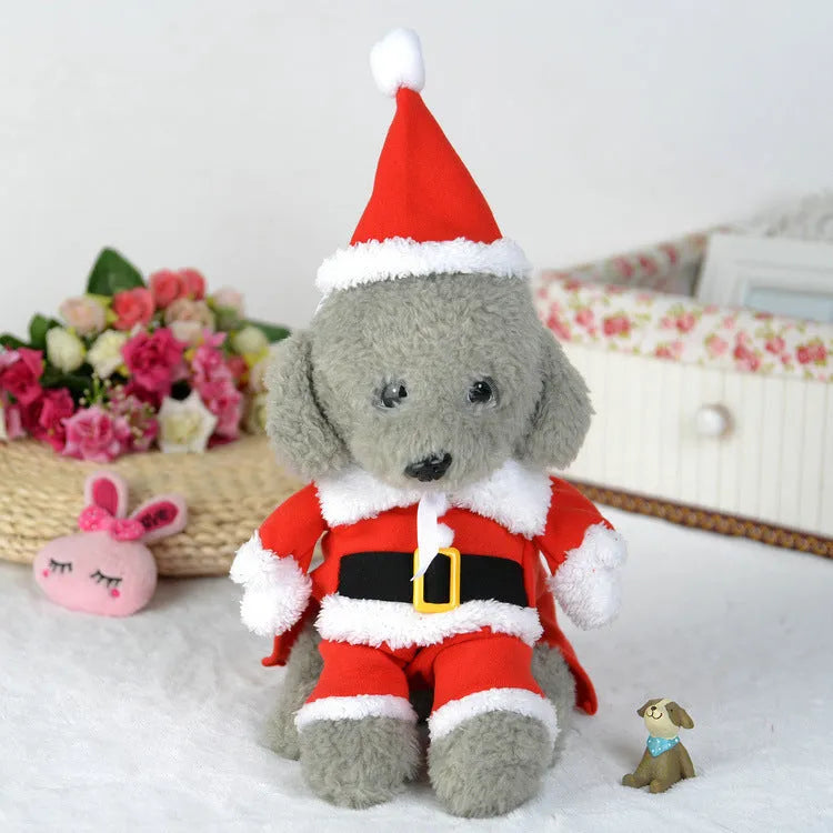 Red Santa Claus pet costume made from stretchable polar fleece fabric for dogs and cats