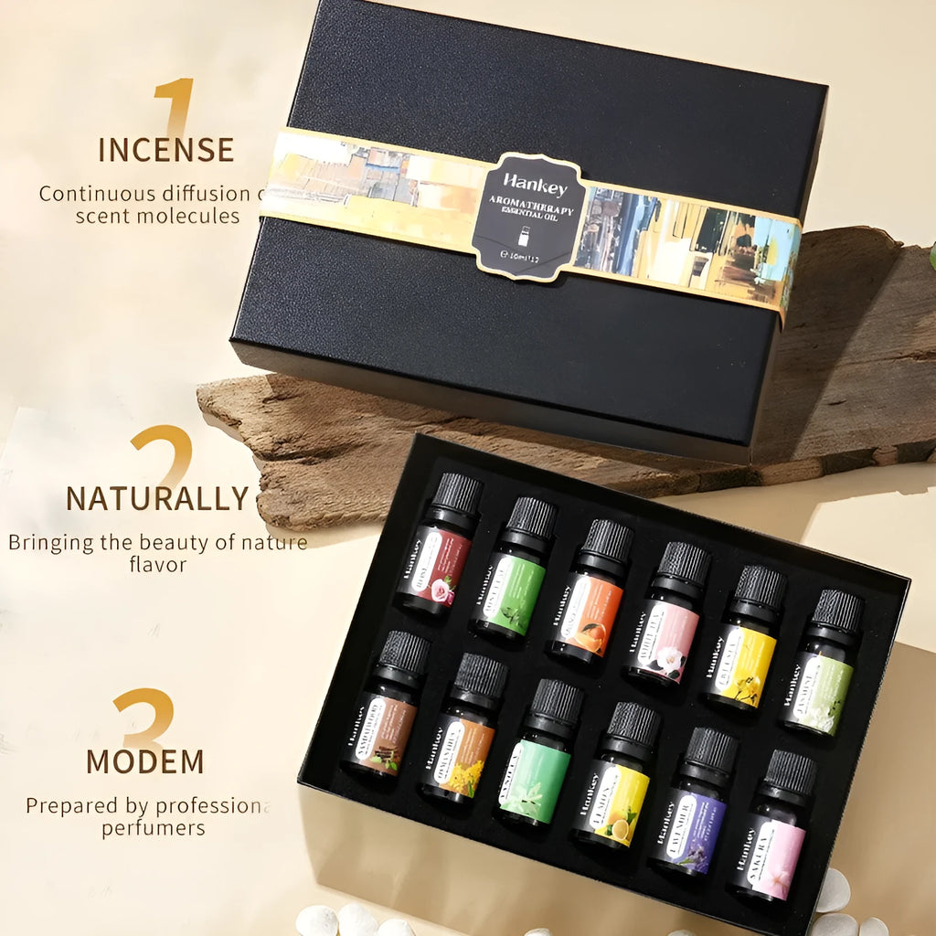Boxed water-soluble aromatherapy essential oil sets showing multiple vial quantities for diffuser use