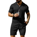 Men's black wave pattern short sleeve shirt and matching shorts casual summer suit