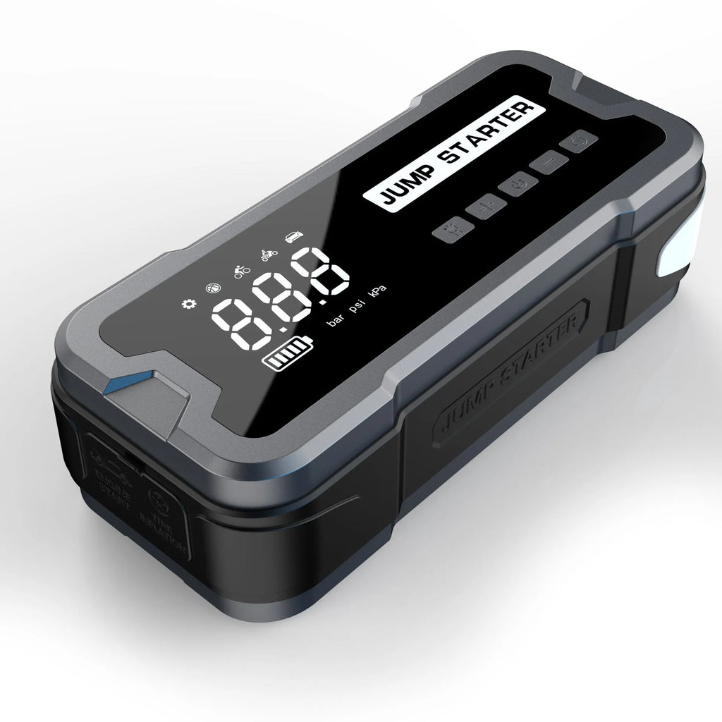 CY53 car emergency jump starter power bank unit with LCD display and LED lights.