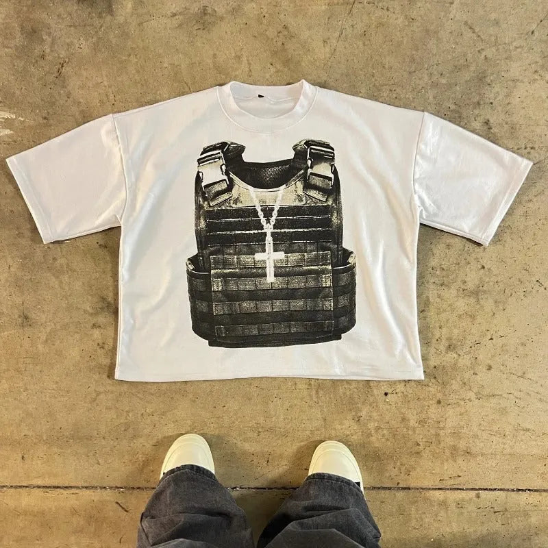 Retro style printed cotton T-shirt with drop shoulder sleeves on a neutral background