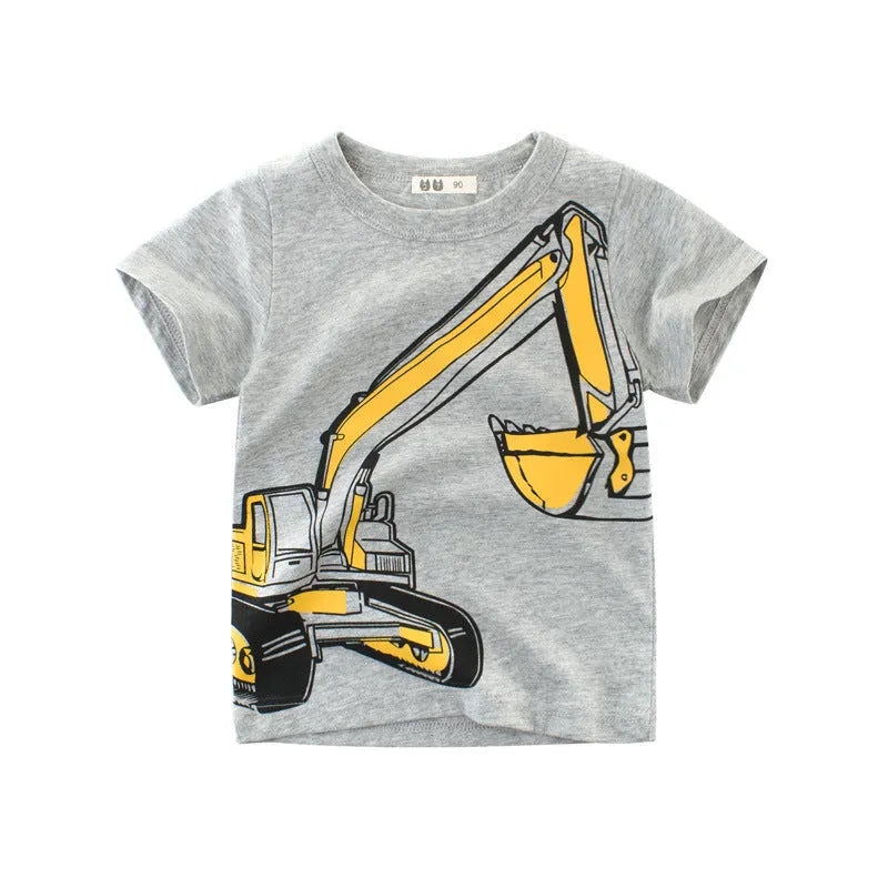 Children's light grey cartoon print cotton t-shirt with short sleeves and a round neck.