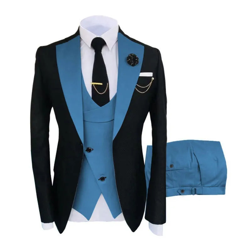 Men's slim fit three-piece cotton business suit with coat, vest, and trousers for formal occasions